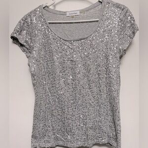 Like New Calvin Klein Women’s Silver Sequin Cap Sleeve Cotton Top Size Small